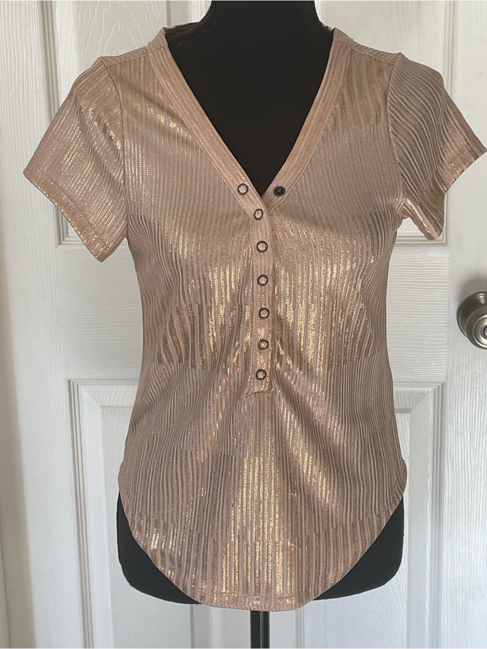Anthropologie Metallic Rose Gold V-Neck Henley Women's Top